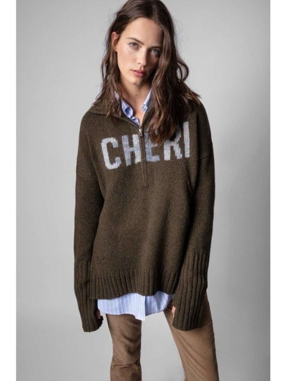 Zadig & Voltaire Almi Cheri Sweater Merino Wool Olive Green Large